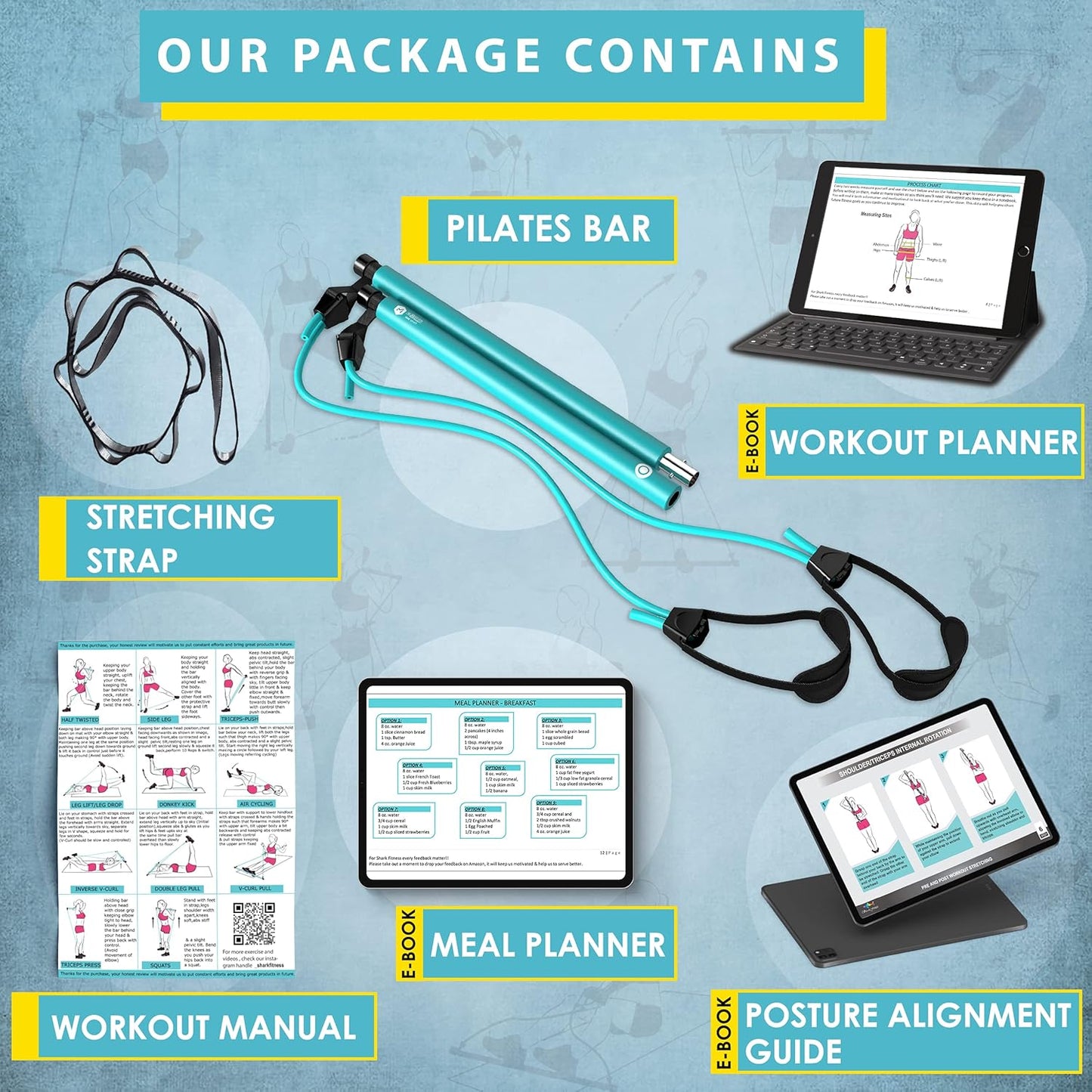 Portable Pilates Bar Kit with Complimentary 8-Loop Stretch Band, Instructional Workout Videos, Exercise Manual, Posture Alignment Guide, and E-Book Meal & Workout Planner | Adjustable Resistance and Length Features
