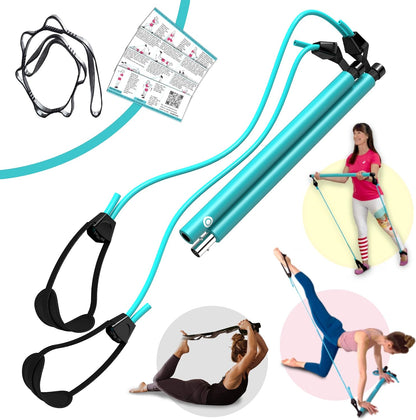 Portable Pilates Bar Kit with Complimentary 8-Loop Stretch Band, Instructional Workout Videos, Exercise Manual, Posture Alignment Guide, and E-Book Meal & Workout Planner | Adjustable Resistance and Length Features
